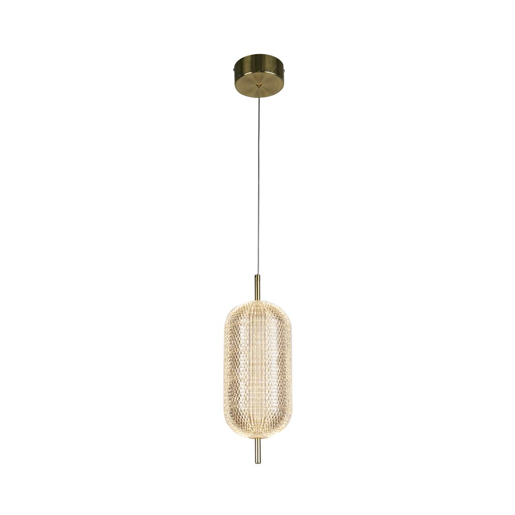 Capsule Ø15 Messing hängelampe Von Searchlight - Capsule ist eine elegante und moderne Pendelleuchte mit Details aus satiniertem Messing und einem Schirm aus Acrylglas, der ein weiches und angenehmes Licht verbreitet.