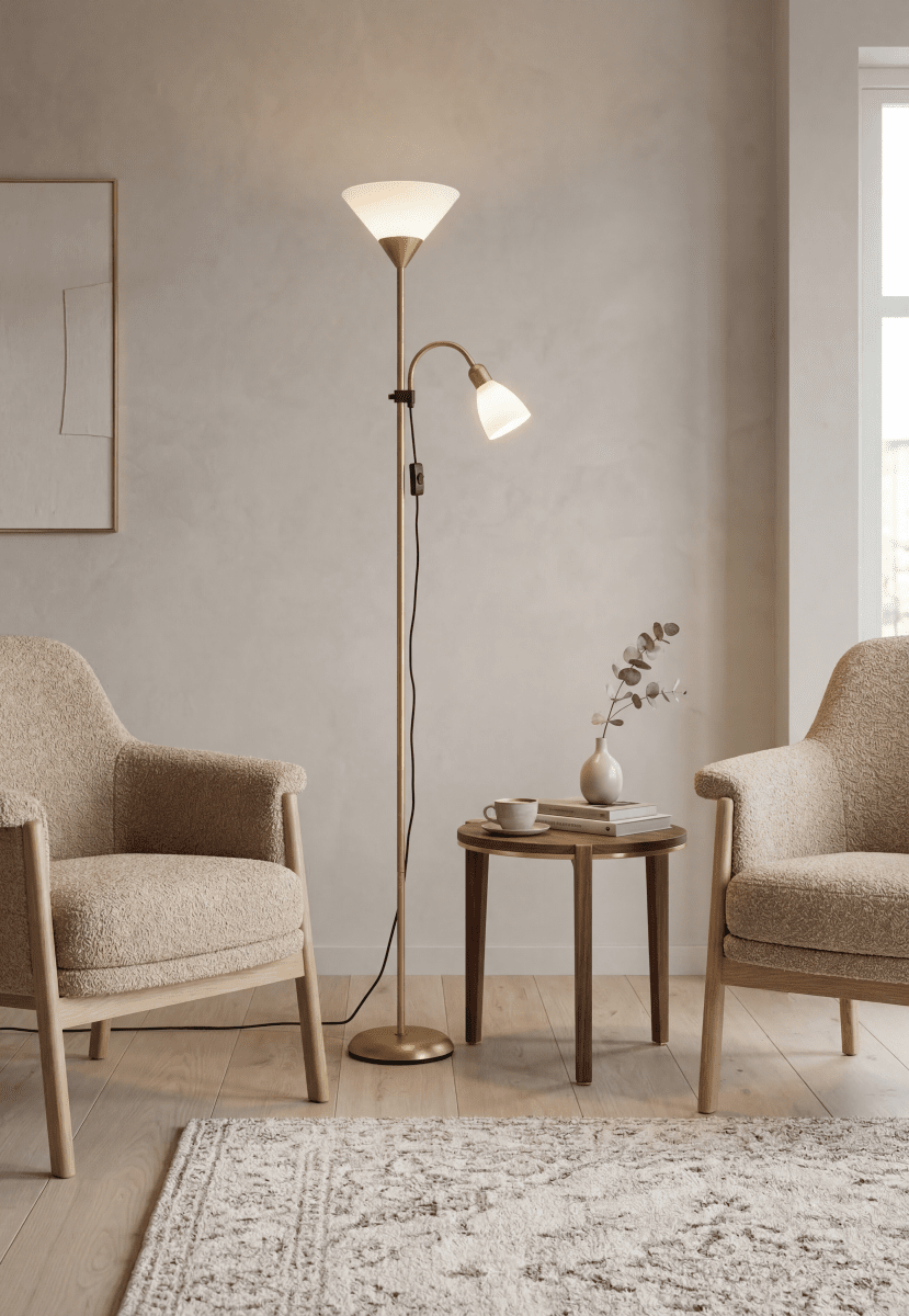 Vigo Messing stehlampe Von Aneta Lighting - Die indirekte Beleuchtung verf&uuml;gt &uuml;ber eine E27-Fassung, der Lesearm &uuml;ber eine E14-Fassung.