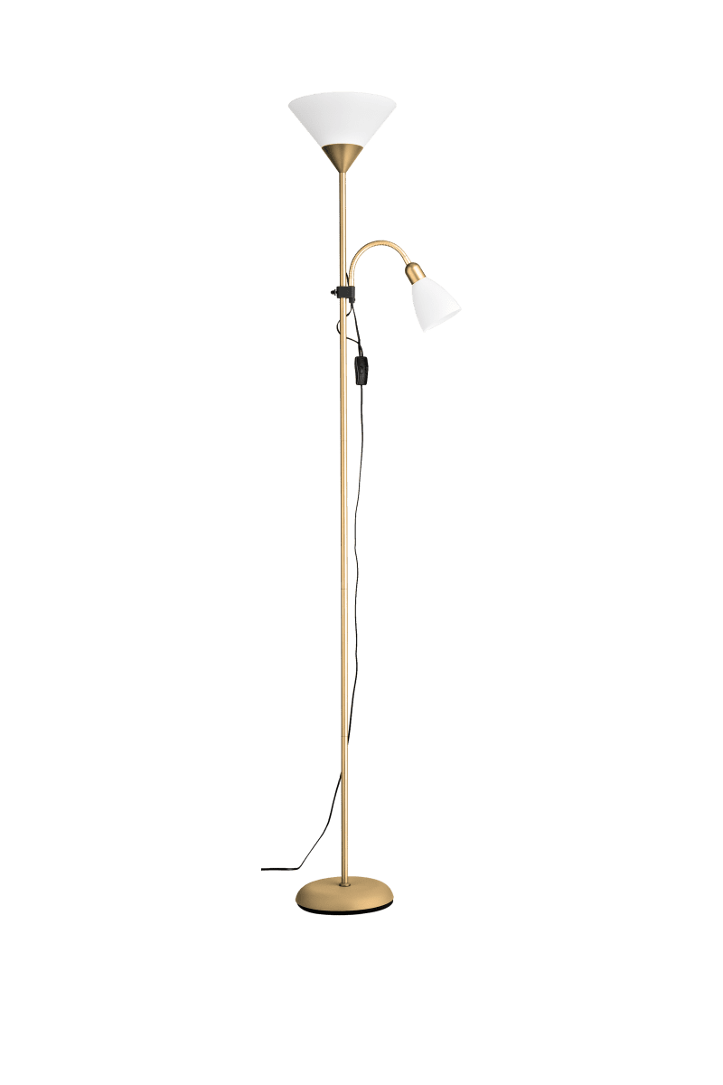 Vigo Messing stehlampe Von Aneta Lighting - Die indirekte Beleuchtung verf&uuml;gt &uuml;ber eine E27-Fassung, der Lesearm &uuml;ber eine E14-Fassung.