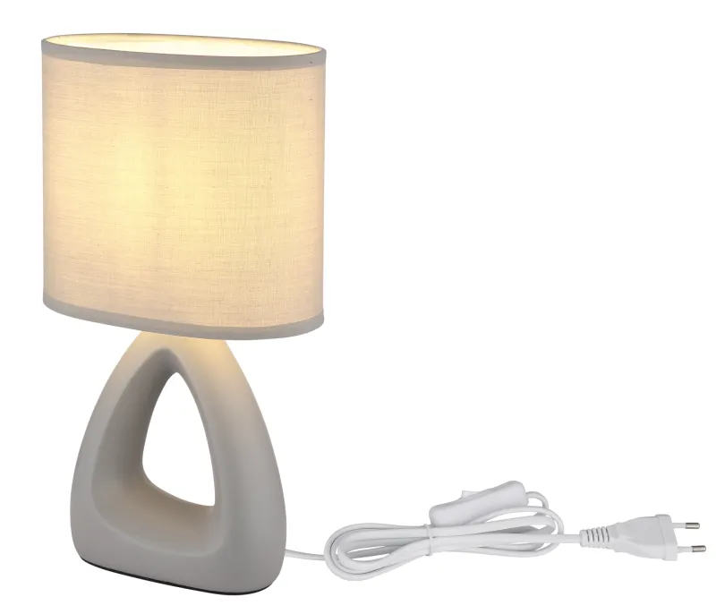 Triangle 30cm Grau tischlampe Von Globo Lighting - Den triangelformade basen med ett stilrent utskuret h&aring;l ger ett modernt intryck, medan den ovala textilsk&auml;rmen i gr&aring; f&auml;rg sprider ett behagligt och j&auml;mnt ljus.