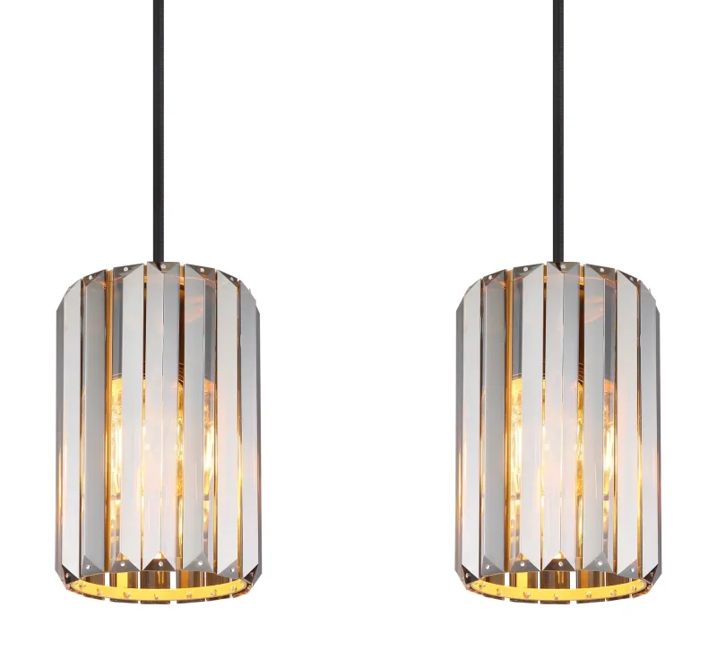 Run 88cm Rauchfarben hängelampe Von Globo Lighting - Kombinationen av metall i tr&auml;utseende och de fyra sk&auml;rmarna med r&ouml;kf&auml;rgade K5-kristaller ger en harmonisk ljusspridning och en sofistikerad k&auml;nsla.