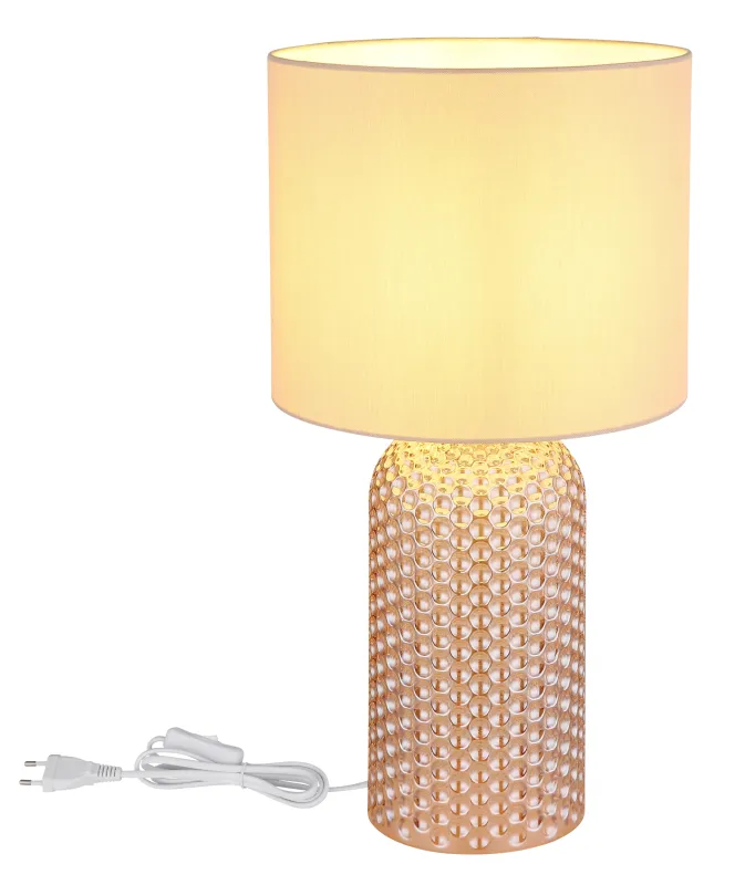 Sofia 50cm Sekt tischlampe Von Globo Lighting - Bordslampan Sofia imponerar med sin eleganta kombination av en texturerad glaskropp och en cylindrisk textilsk&auml;rm i lyxig champagneton.