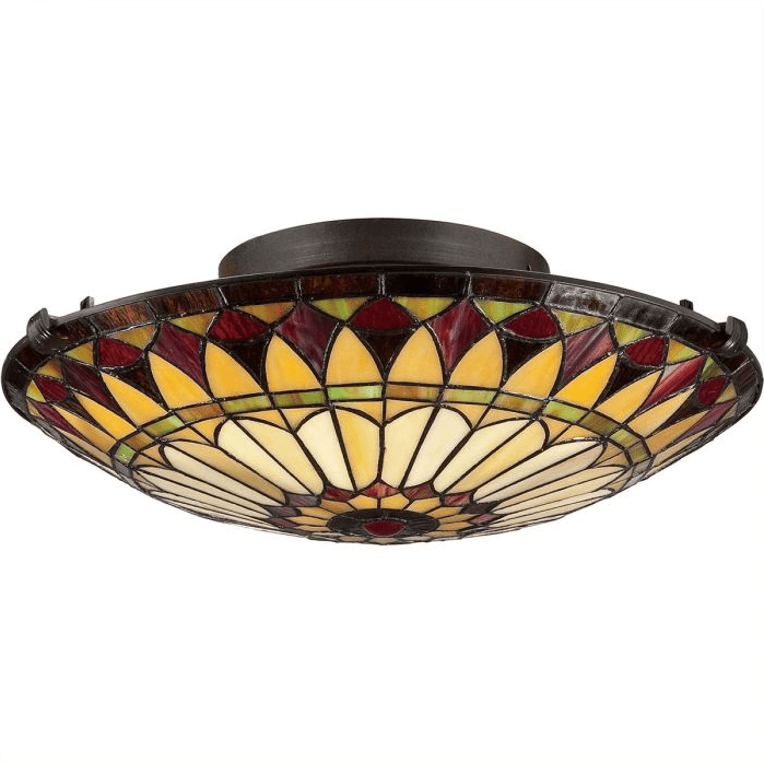 West End Ø42 Mehrfarbig Von Elstead Lighting - Das florale Muster der Lampe in warmen Bernstein-, Rot- und Grüntönen sorgt in Kombination mit den bronzenen Details für eine warme und einladende Beleuchtung.
