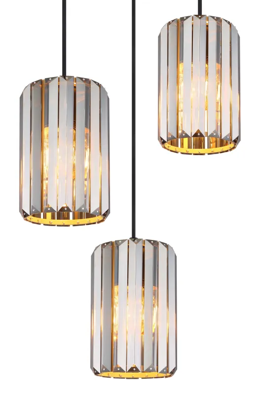 Run Ø35 Rauchfarben hängelampe Von Globo Lighting - Kombinationen av metall i tr&auml;utseende och de tre sk&auml;rmarna med r&ouml;kf&auml;rgade K5-kristaller ger en harmonisk ljusspridning och en sofistikerad k&auml;nsla.