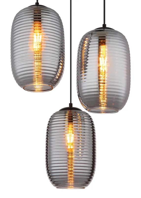 Jefrey Ø47 Rauchfarben hängelampe Von Globo Lighting - Denna eleganta taklampa har en rund form och &auml;r utrustad med tre rundade kupor i r&ouml;kf&auml;rgat glas.