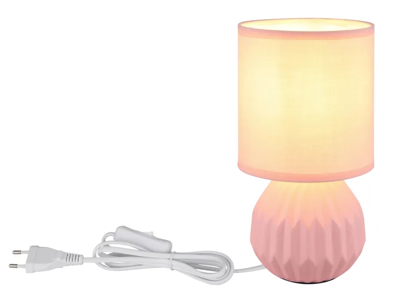 Sylas 23cm Rosa tischlampe Von Globo Lighting - Den rundade keramiska basen i elegant rosa och den matchande cylindriska textilsk&auml;rmen skapar en harmonisk och modern estetik.
