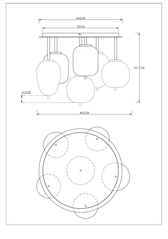 Blacky Ø63 Messing deckenleuchte Von Globo Lighting - Lampan &auml;r utrustad med 6st r&ouml;kf&auml;rgade glaskupor i olika former, som h&auml;nger fr&aring;n taket p&aring; mattsvarta st&auml;nger f&auml;sta vid en m&auml;ssingsf&auml;rgad bas.