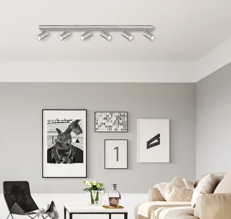 Robby 6 Nickel spotlight Von Globo Lighting - Robby &auml;r en stilren takspotlight som imponerar med sin enhetliga design i nickel.
