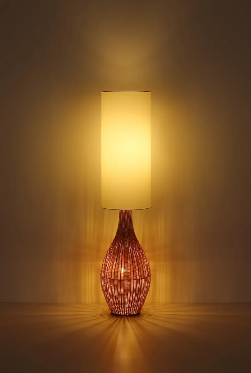 Anko Braun stehlampe Von Globo Lighting - Den rundade designen i plast med en dekorativ rottinglook ger en naturlig charm, medan den vita textilsk&auml;rmen sprider ett mjukt och behagligt ljus.