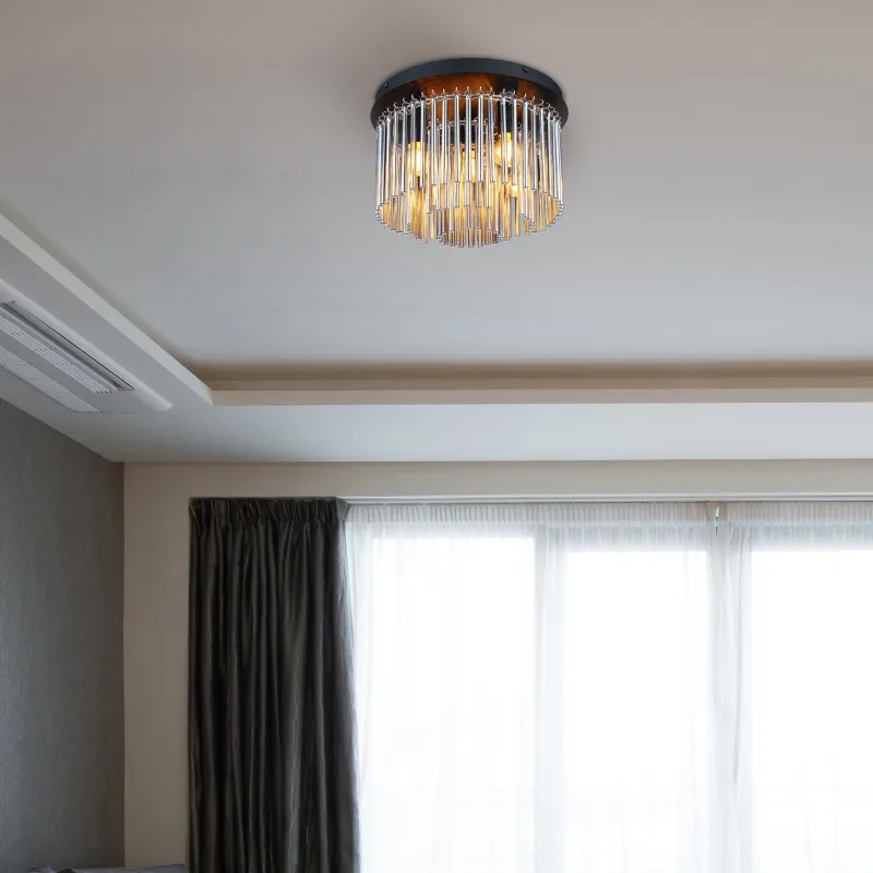 Gorley Ø32 Rauchfarben deckenleuchte Von Globo Lighting - Dess design imponerar med en stilfull kombination av mattsvart metall, gl&auml;nsande krom och r&ouml;kf&auml;rgade glasstavar.
