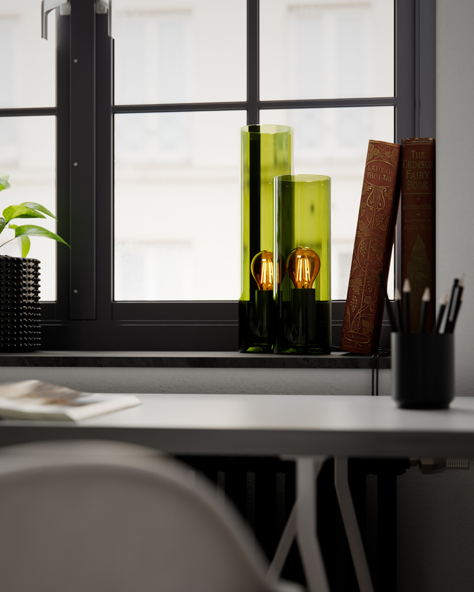 Flake 40cm Grün tischlampe Von By Rydéns - Mit ihrem eleganten zylinderf&ouml;rmigen Glas und der Verf&uuml;gbarkeit in trendigen Farben wie dunklem Bernstein und Gr&uuml;n ist Flake die perfekte Lampe, um Stil und Atmosph&auml;re in Ihr Zuhause zu bringen.