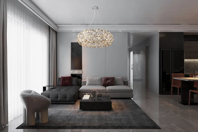 Katrina Ø80 Rauchfarben kristall Von Globo Lighting - Katrina &auml;r en elegant rund kristallkrona i kromf&auml;rgad metall med gnistrande K9-kristaller som skapar en sofistikerad och lyxig atmosf&auml;r i ditt hem.