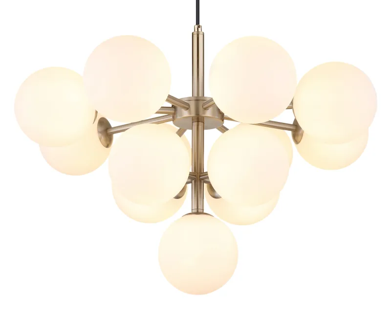 Grappy Ø56 Nickel hängelampe Von Globo Lighting - Grappy taklampa blir en stilfull och lyxig detalj i varje rum med sin glamor&ouml;sa design och de 13st opalf&auml;rgade&nbsp;glaskulorna.