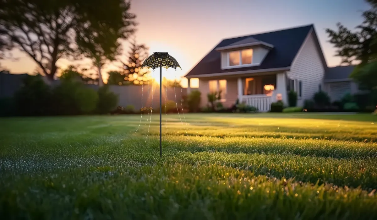 Umbrella Schwarz solarleuchte Von Globo Lighting - Skapa en magisk st&auml;mning i tr&auml;dg&aring;rden med Umbrella, en unik solcellsbelysning med vackert utskuret m&ouml;nster och h&auml;ngande ljusslingor.