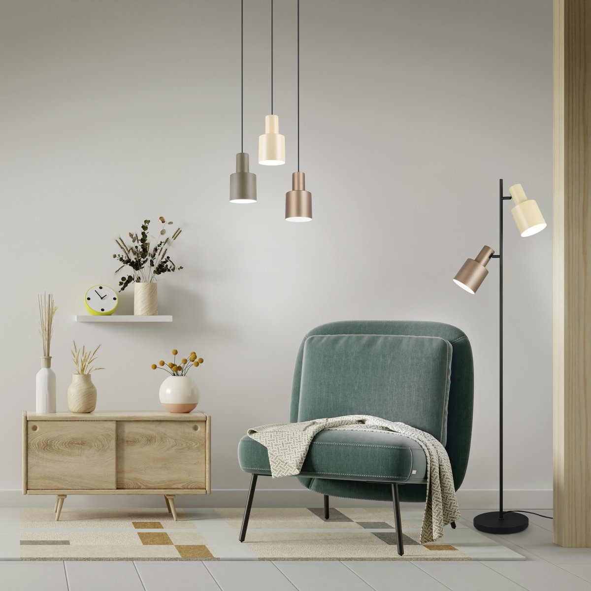Agudo Braun stehlampe Von Trio Lighting - Mit ihren horizontal verstellbaren Lampenschirmen in harmonischen Farben – Kaffeebraun und Hellbraun – schafft sie eine warme und einladende Atmosphäre im Raum.