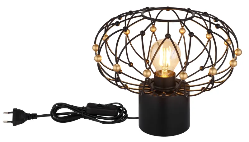 Greys 25cm Schwarz tischlampe Von Globo Lighting - Den runda metallsk&auml;rmen i mattsvart med dekorativa guldf&auml;rgade detaljer ger lampan ett sofistikerat uttryck och blir ett stilfullt inslag i hemmet.