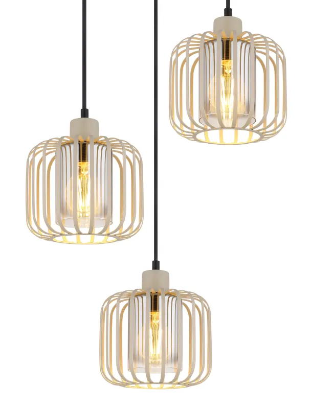 Alfred Ø44 Sand hängelampe Von Globo Lighting - Den &auml;r tillverkad av sandf&auml;rgad matt metall och har mjukt rundade metalln&auml;tssk&auml;rmar med en inre glascylinder, som skapar ett elegant och luftigt uttryck.