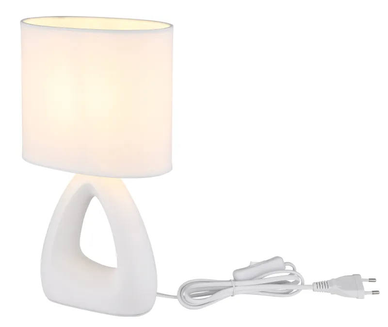 Triangle 30cm Weiß tischlampe Von Globo Lighting - Den triangelformade basen med ett stilrent utskuret h&aring;l ger ett modernt intryck, medan den ovala textilsk&auml;rmen i vit f&auml;rg sprider ett behagligt och j&auml;mnt ljus.