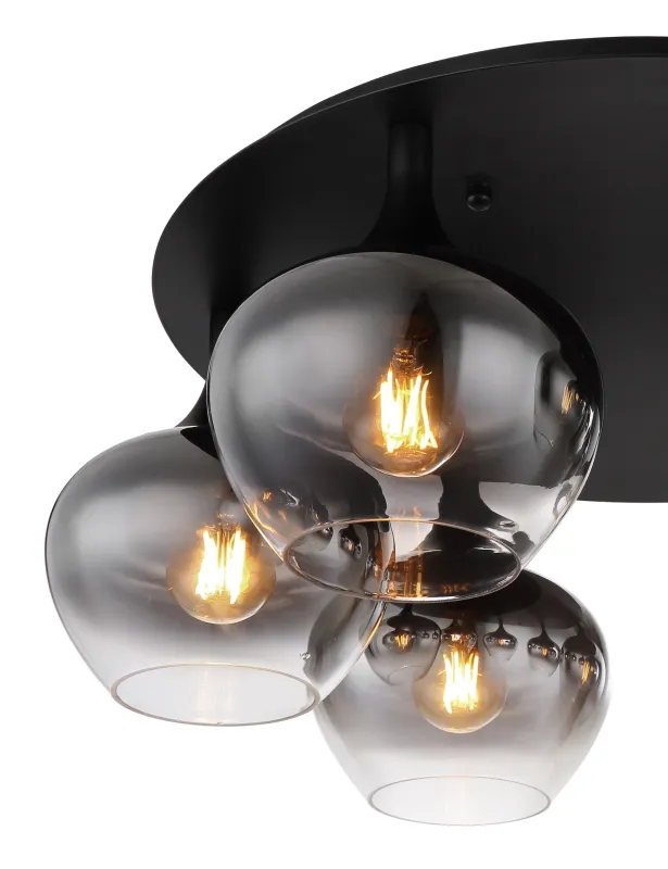 Maxy Ø65 Rauchfarben deckenleuchte Von Globo Lighting - P&aring; en rund takplatta av matttsvart metall sitter sex vackert formade r&ouml;kf&auml;rgade glaskupor.