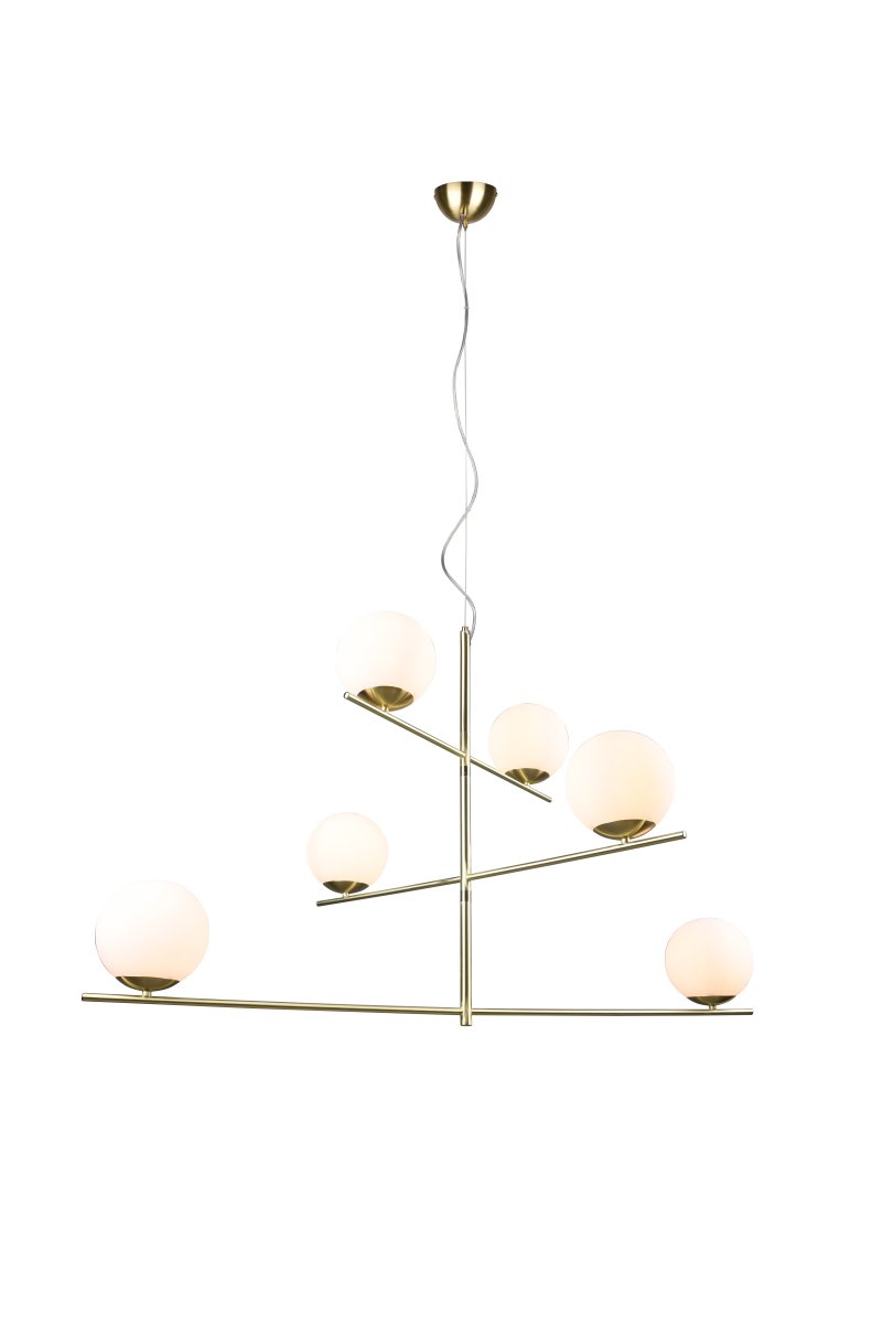 Pure 115cm Mattes Messing hängelampe Von Trio Lighting - Die sechsflammige Pendelleuchte verf&uuml;gt &uuml;ber drehbare und individuell ausrichtbare Elemente und eignet sich somit perfekt zur Beleuchtung des Esstisches und unterstreicht Ihren Stil.