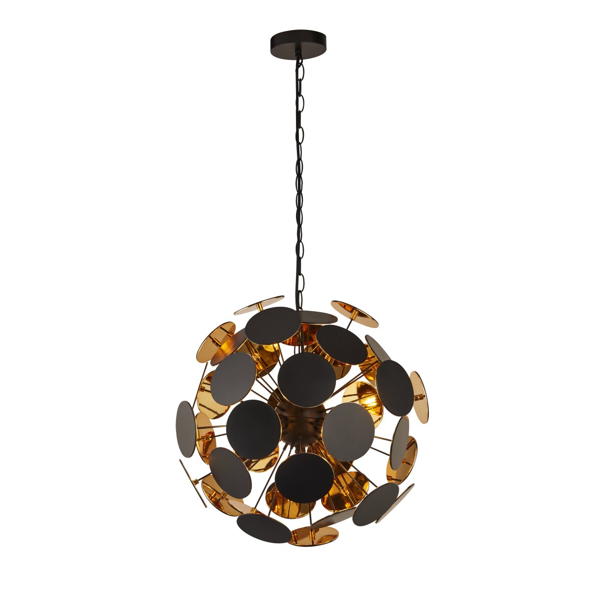 Discus Ø47 Schwarz hängelampe Von Searchlight - Die Discus-Pendelleuchte mit vier Lichtquellen hat ein mattschwarzes Finish und Metallspitzen mit runden Scheiben an den Enden und einer goldfarbenen Innenseite.