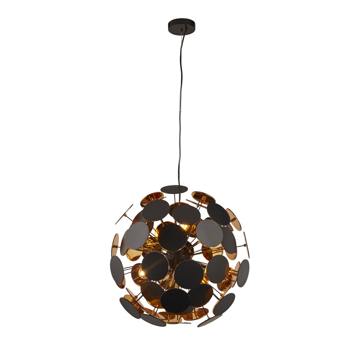 Discus Ø54 Schwarz hängelampe Von Searchlight - Die Discus-Pendelleuchte mit sechs Lichtquellen hat ein mattschwarzes Finish und Metallspitzen mit runden Scheiben an den Enden und einer goldfarbenen Innenseite.