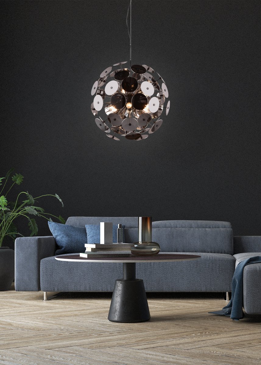 Discalgo Ø54 Schwarz hängelampe Von Trio Lighting - Die Glasscheiben reflektieren das Licht in Chromoptik, während das mattschwarze Metall einen nuancenreichen Farbkontrast erzeugt.