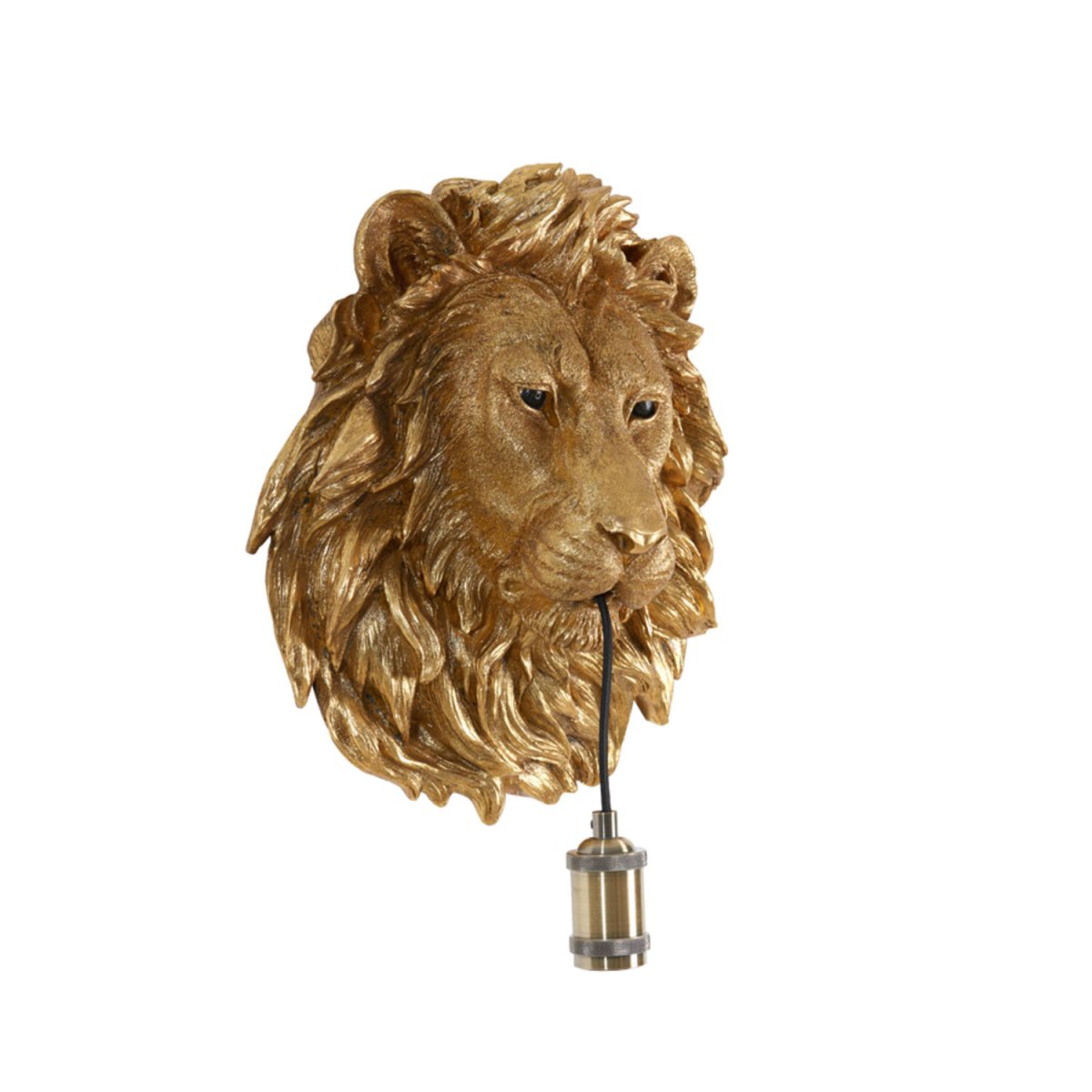 Lion 40cm Bronze wandlampe Von Light & Living - Die Leuchte hängt elegant am Löwenmaul und ruht auf einem dekorativen Messingsockel, wodurch eine markante und ausdrucksstarke Atmosphäre entsteht.