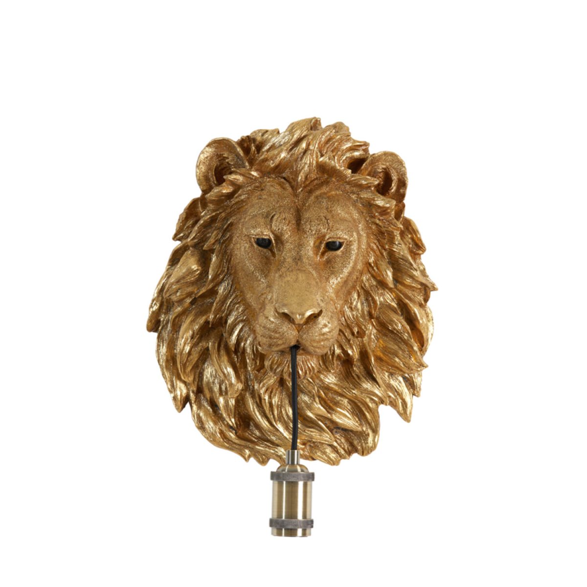 Lion 40cm Bronze wandlampe Von Light & Living - Die Leuchte hängt elegant am Löwenmaul und ruht auf einem dekorativen Messingsockel, wodurch eine markante und ausdrucksstarke Atmosphäre entsteht.
