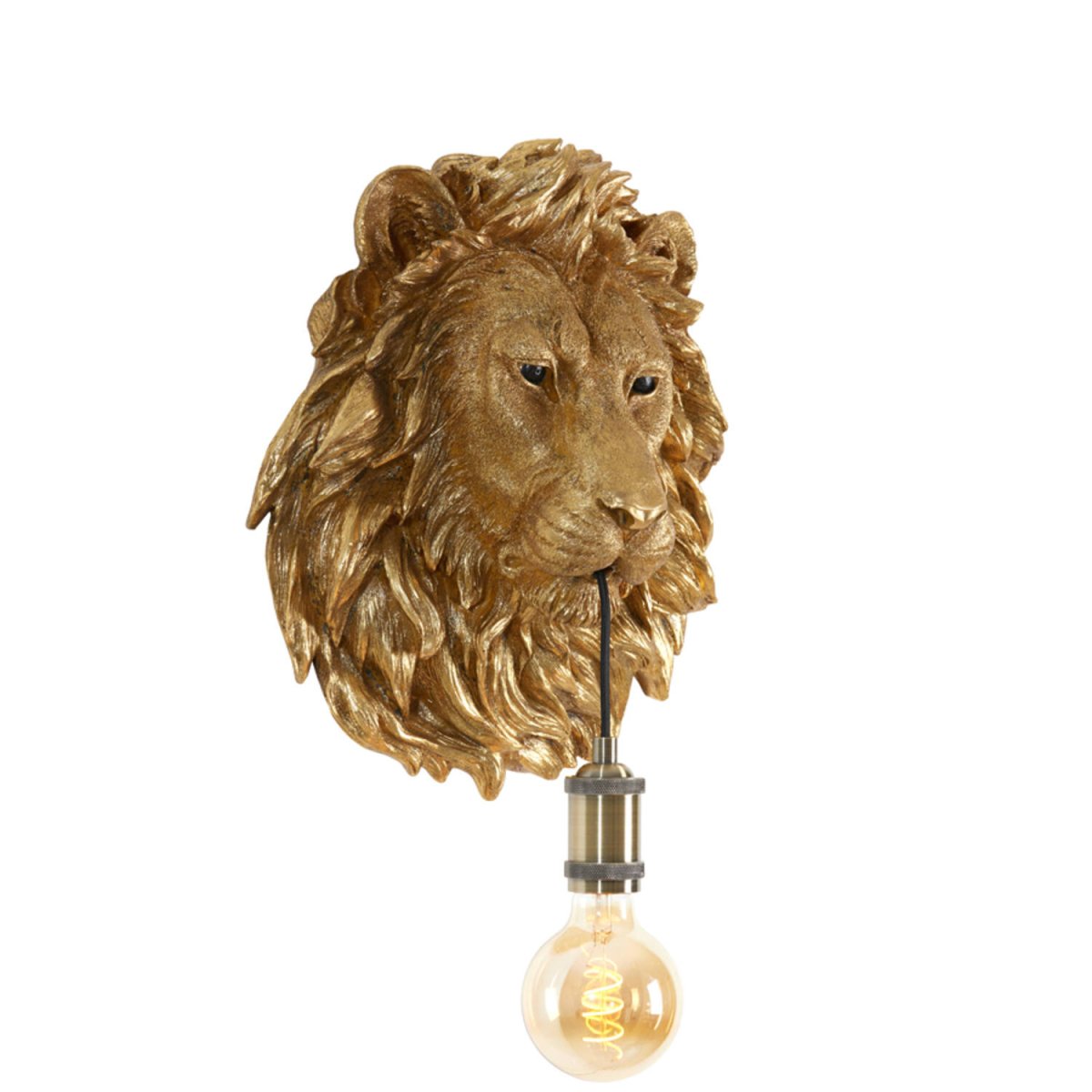 Lion 40cm Bronze wandlampe Von Light & Living - Die Leuchte hängt elegant am Löwenmaul und ruht auf einem dekorativen Messingsockel, wodurch eine markante und ausdrucksstarke Atmosphäre entsteht.
