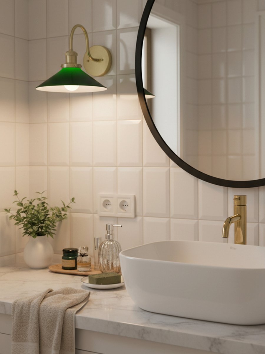 August 38cm Messing/Grün badezimmerlampe Von PR Home - Diese Wandleuchte im Schuster-Stil wurde speziell f&uuml;r Badezimmer entworfen und verf&uuml;gt &uuml;ber einen eleganten Glasschirm mit 25 cm Durchmesser, der das Licht sanft und gleichm&auml;&szlig;ig verteilt.