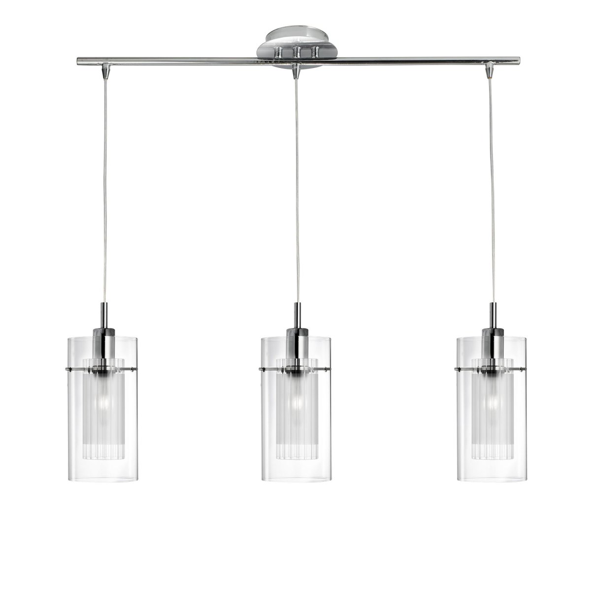 Duo 70cm Chrom hängelampe Von Searchlight - Die Duo-Pendelleuchte aus Chrom mit drei doppelten zylindrischen Glasschirmen verleiht Küche oder Esszimmer ein modernes und stilvolles Ambiente und eignet sich perfekt über dem Küchen- oder Esstisch.
