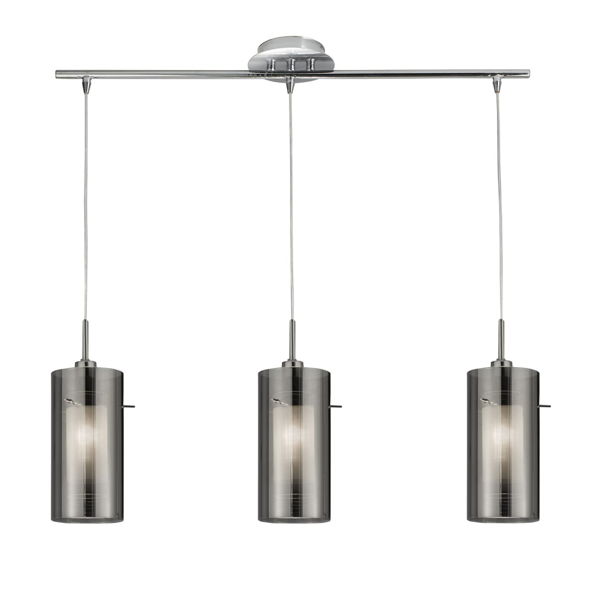 Duo 70cm Silber hängelampe Von Searchlight - Die Duo-Pendelleuchte in satiniertem Silber mit drei doppelten zylindrischen Glasschirmen verleiht Küche oder Esszimmer ein modernes und stilvolles Ambiente und passt perfekt über den Esstisch.