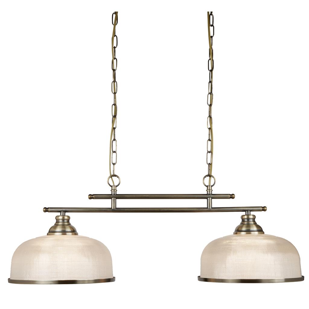 Bistro 75cm Antikes Messing hängelampe Von Searchlight - Mit ihren doppelgerippten Glasschirmen im klassischen Holophan-Stil und den Details in antikem Messing vereint sie Tradition und Moderne.