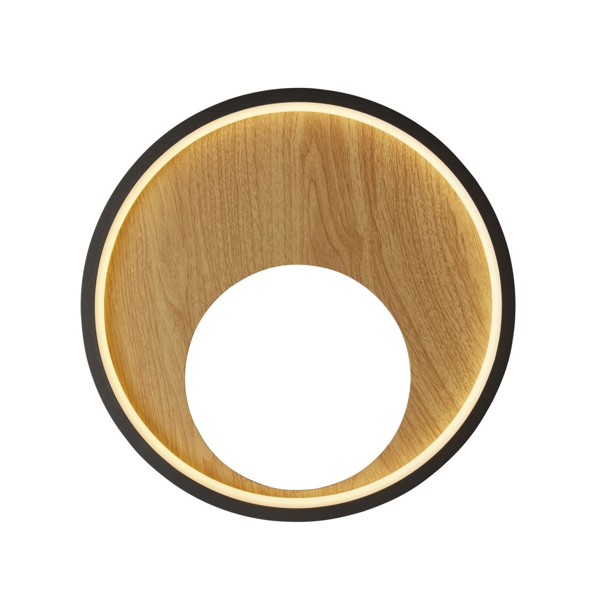 Curio Ø30 Schwarz/Holz wandlampe Von Searchlight - Der äußere Rahmen ist aus schwarzem Metall gefertigt, der innere Rahmen ist gebürstet – ein schöner Kontrast, der die Leuchte zu einem echten Blickfang macht.