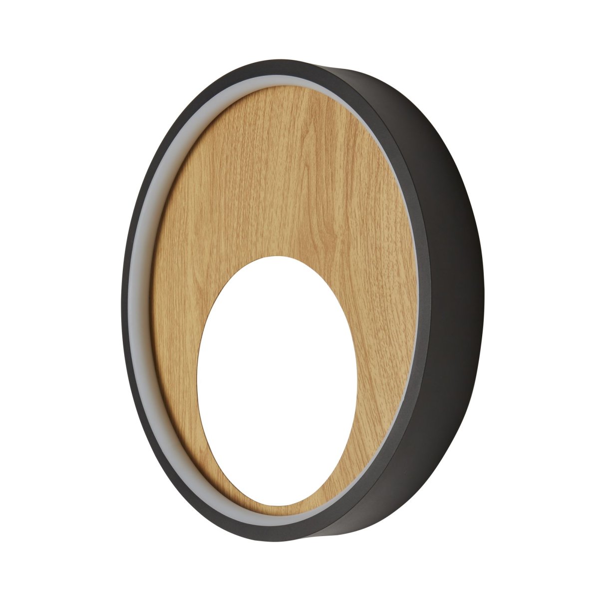 Curio Ø30 Schwarz/Holz wandlampe Von Searchlight - Der äußere Rahmen ist aus schwarzem Metall gefertigt, der innere Rahmen ist gebürstet – ein schöner Kontrast, der die Leuchte zu einem echten Blickfang macht.