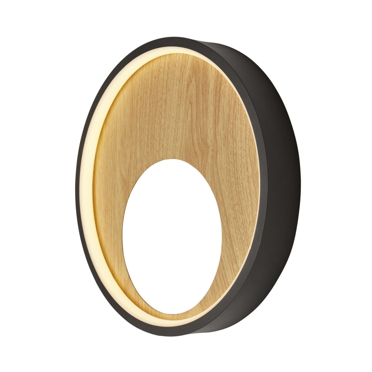 Curio Ø30 Schwarz/Holz wandlampe Von Searchlight - Der äußere Rahmen ist aus schwarzem Metall gefertigt, der innere Rahmen ist gebürstet – ein schöner Kontrast, der die Leuchte zu einem echten Blickfang macht.