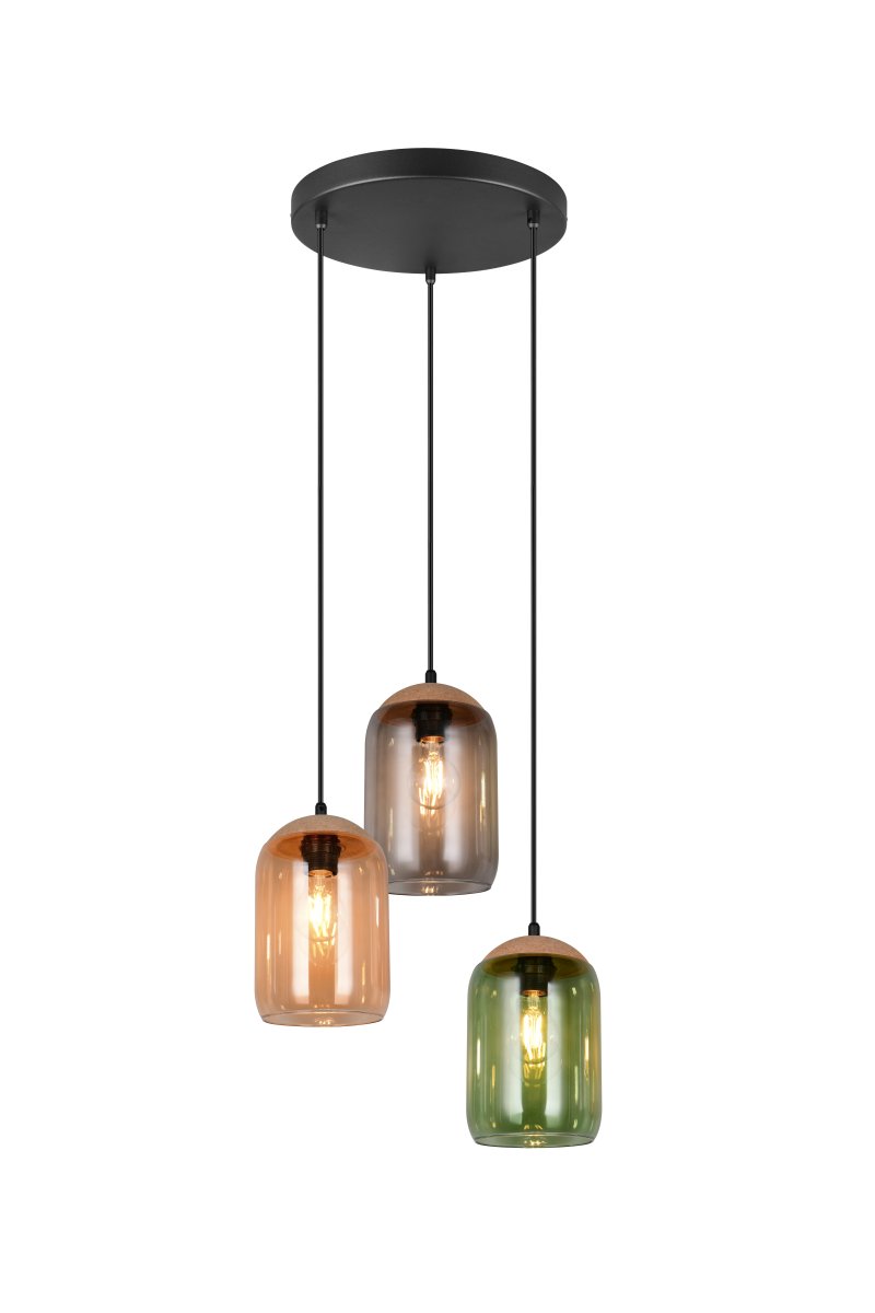 Cork Ø30 Mehrfarbig hängelampe Von Trio Lighting - Der Materialmix aus Kork, Glas und Metall unterstreicht die Balance zwischen modernem Design und der Sch&ouml;nheit der Natur &ndash; Perfekt, um eine ruhige und stimmungsvolle Umgebung zu schaffen.