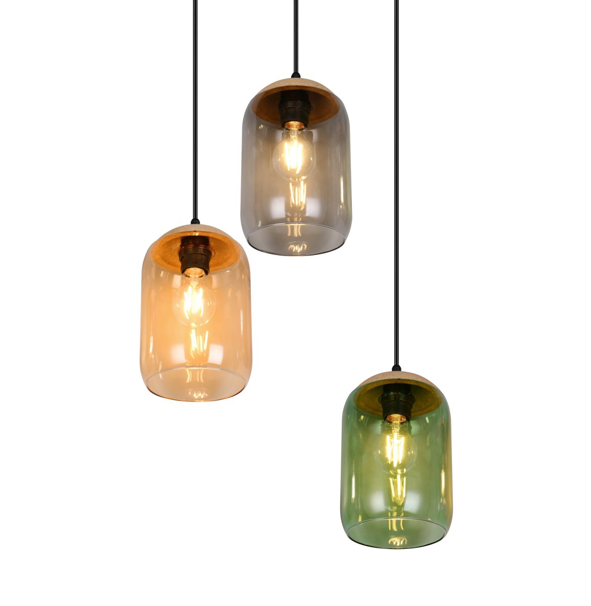 Cork Ø30 Mehrfarbig hängelampe Von Trio Lighting - Der Materialmix aus Kork, Glas und Metall unterstreicht die Balance zwischen modernem Design und der Sch&ouml;nheit der Natur &ndash; Perfekt, um eine ruhige und stimmungsvolle Umgebung zu schaffen.