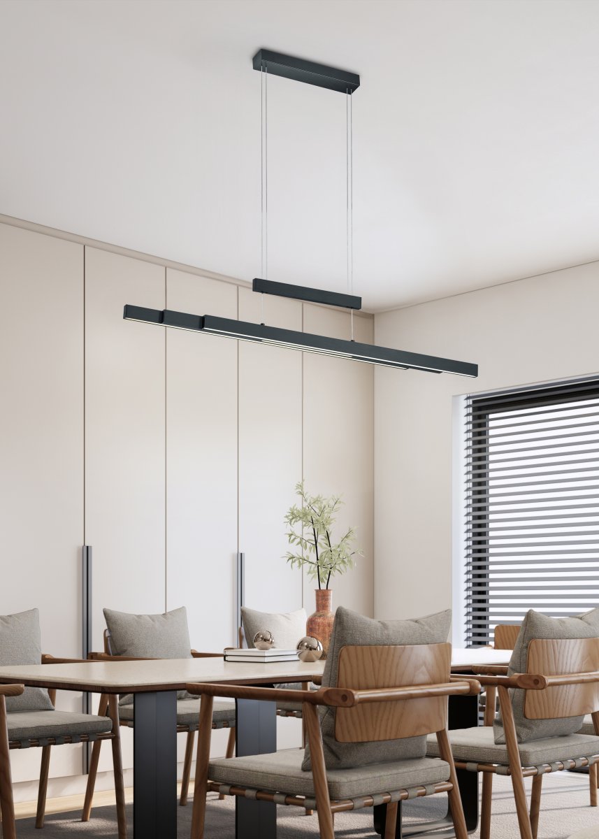 Trajan 150cm Schwarz hängelampe Von Trio Lighting - Helligkeit und Farbtemperatur lassen sich &uuml;ber zwei separate Touchdimmer individuell einstellen &ndash; einer f&uuml;r die Helligkeit und einer f&uuml;r die Farbtemperatur von warmwei&szlig;em bis kaltwei&szlig;em Licht.