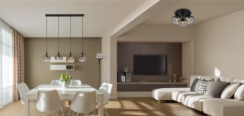 Maxy Ø45 Rauchfarben deckenleuchte Von Globo Lighting - P&aring; en rund takplatta av matttsvart metall sitter tre vackert formade r&ouml;kf&auml;rgade glaskupor.