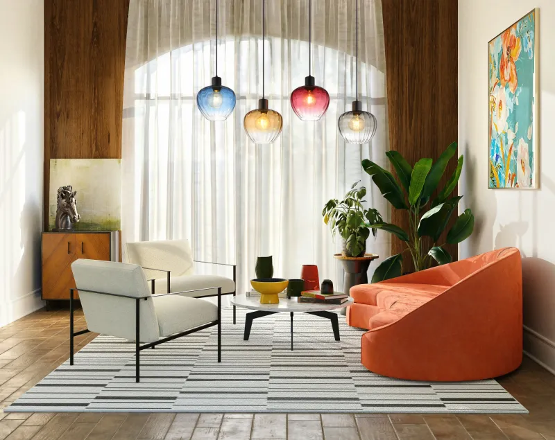 Toy 108cm Mehrfarbig hängelampe Von Globo Lighting - Varje glas finns i en av fyra levande f&auml;rger &ndash; r&ouml;d, bl&aring;, b&auml;rnsten och r&ouml;k &ndash; vilket skapar en harmonisk ljusst&auml;mning och ger rummet imponerande f&auml;rgaccenter.