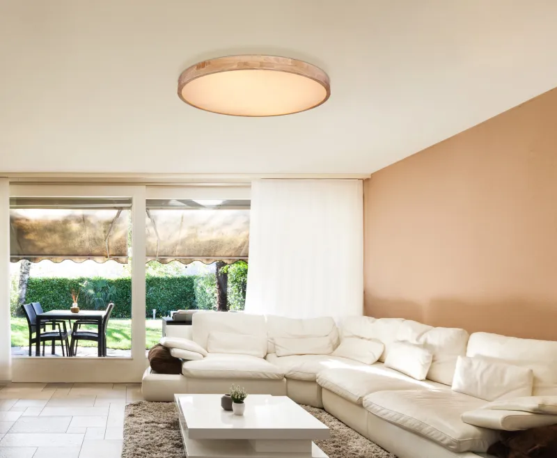 Rainer Ø80 Natur deckenleuchte Von Globo Lighting - Lampan har &auml;ven en f&auml;rgv&auml;xlingsfunktion med m&ouml;jlighet att fixera en vald f&auml;rg, vilket g&ouml;r den b&aring;de flexibel och funktionell.