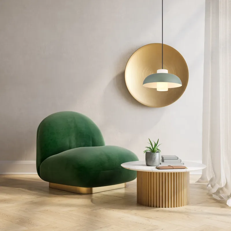 Lowe Ø38 Grün hängelampe Von Globo Lighting - Den runda sk&auml;rmen i matt gr&ouml;nf&auml;rgad metall ger ett elegant och tidl&ouml;st uttryck, medan den cylinderformade sk&auml;rmen i opalglas sprider ett mjukt och behagligt ljus.
