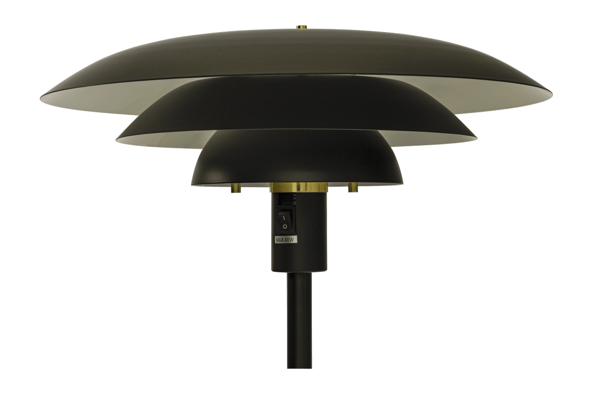 Epsilon Schwarz stehlampe Von Aneta Lighting - Die Stehleuchte Epsilon hat ein klassisches Design mit schwarzen Metallschirmen in drei Ebenen, die das Licht angenehm streuen und Blendung verhindern.
