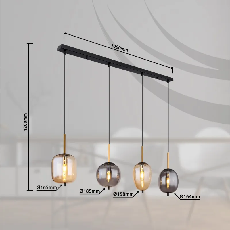 Blacky 110cm Bernstein hängelampe Von Globo Lighting - De fyra r&ouml;k- och amberf&auml;rgade glasgloberna i olika former h&auml;nger fr&aring;n en svart, rektangul&auml;r takplatta och kan justeras upp till 120 cm fr&aring;n taket.