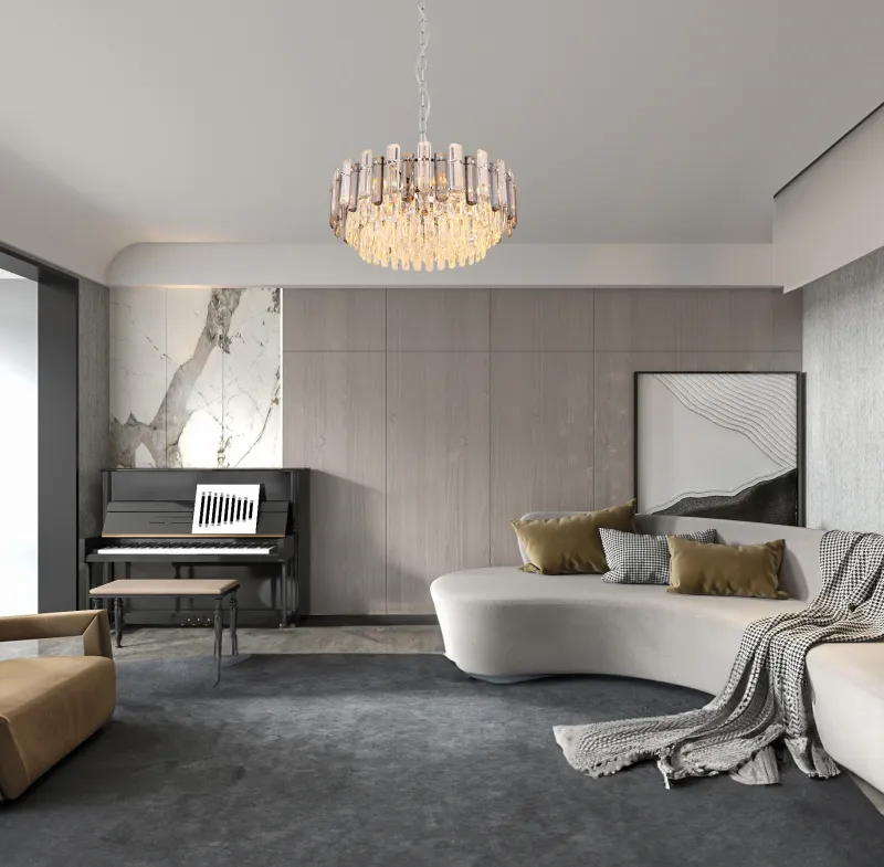 Orgina Ø60 Rauchfarben kristall Von Globo Lighting - Takkronan Orgina tillf&ouml;r rummet en lyxig k&auml;nsla med gnistrande kristaller och r&ouml;kf&auml;rgade glasstavar.