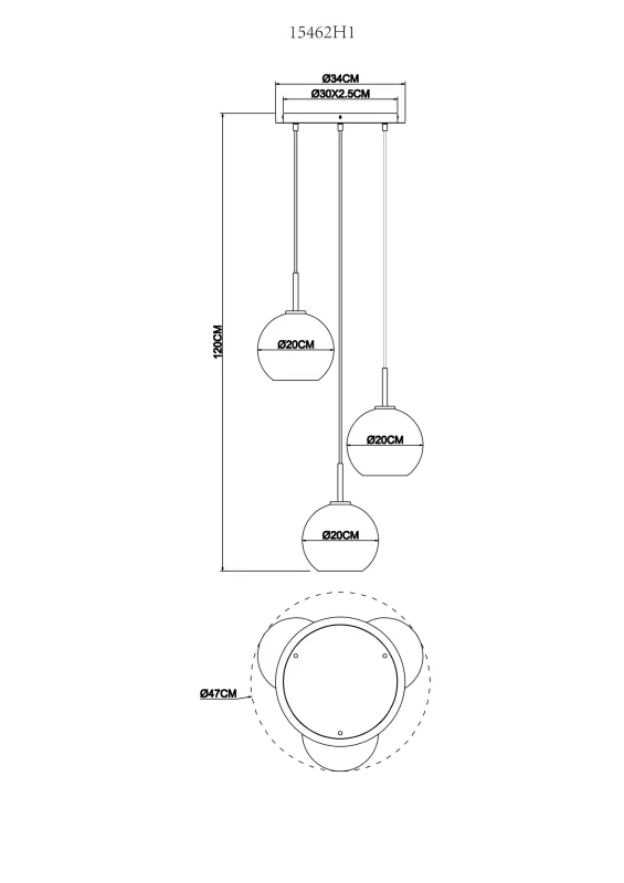 Adara Ø47 Gold hängelampe Von Globo Lighting - De tre glasgloberna h&auml;nger i justerbara rep och kan anpassas i h&ouml;jd upp till 1,2 meter, vilket ger flexibilitet i belysningen.