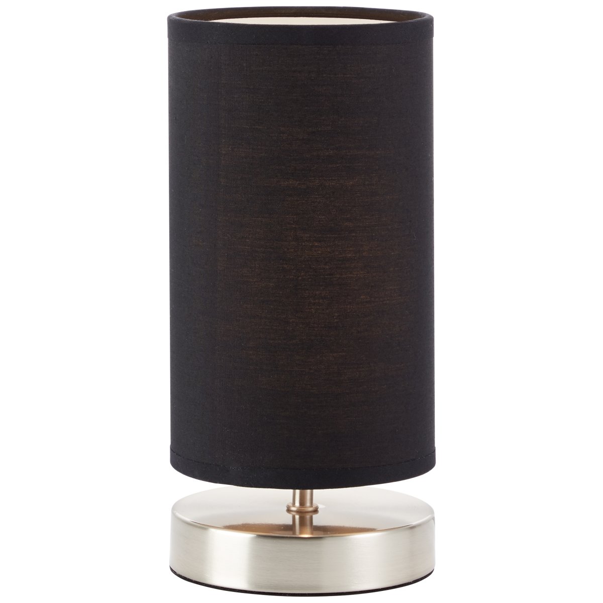Clarie 25cm Chrom tischlampe Von Brilliant - Die Leuchte verf&uuml;gt &uuml;ber einen schwarzen Textilschirm, der f&uuml;r eine weiche und harmonische Lichtverteilung sorgt.