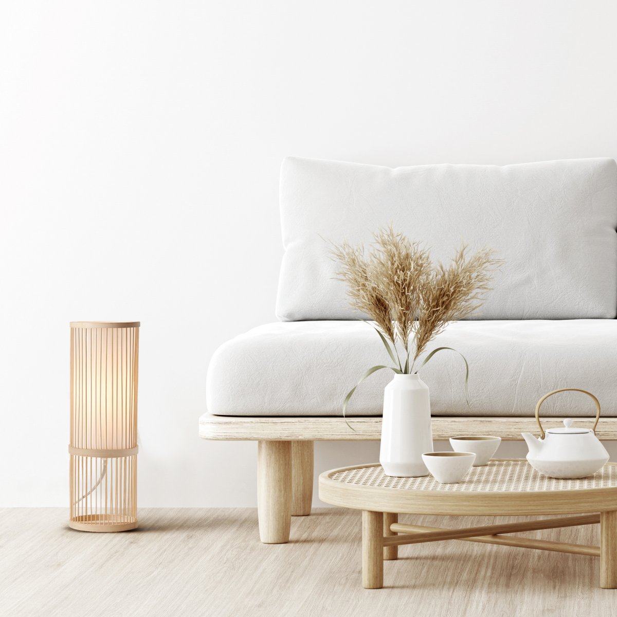 Nori 36cm Natur tischlampe Von Brilliant - Hergestellt aus umweltfreundlichem Bambus und edlem Textil, schafft es eine einladende und harmonische Atmosph&auml;re.